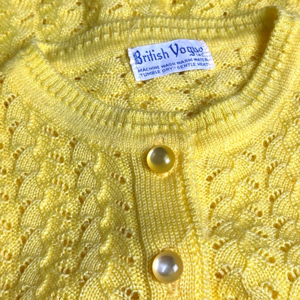 British Vogue Vintage Yellow Pointelle Knit Button Front Cardigan Sweater Womens